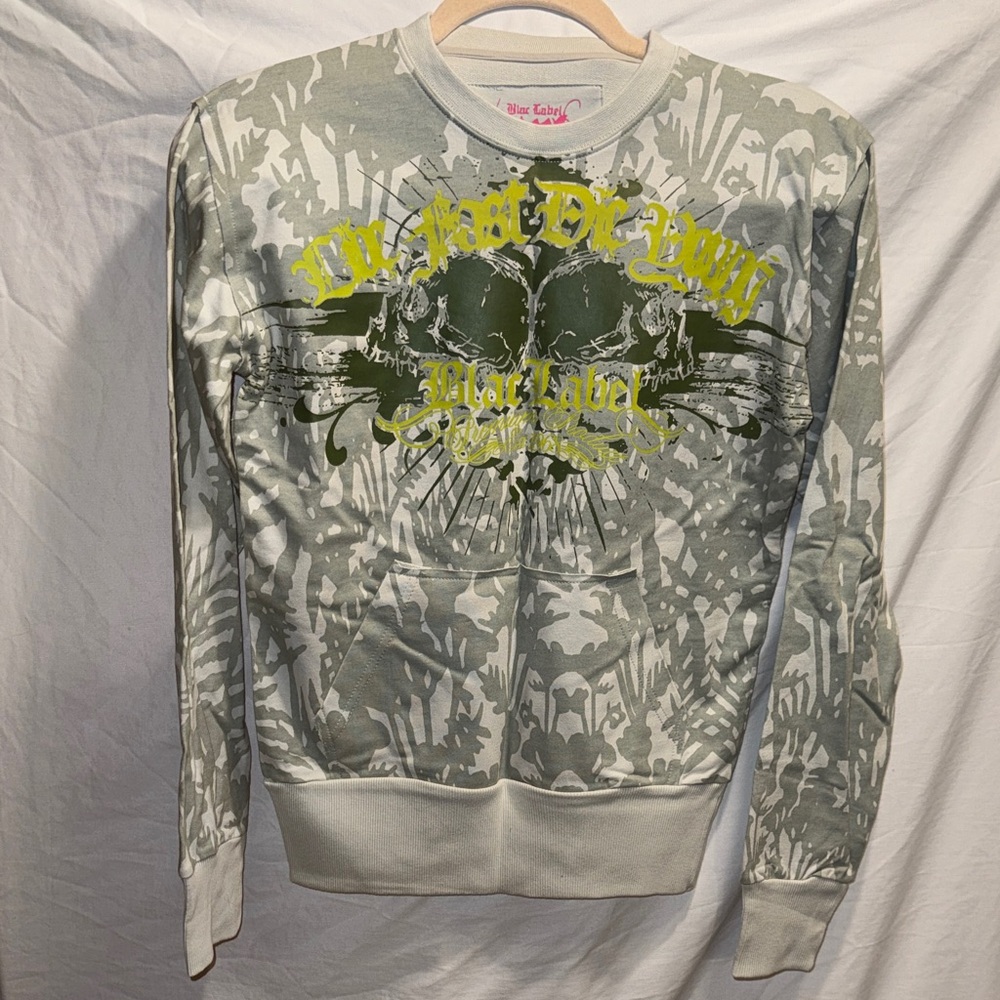 Black Label Graphic Crewneck Sweater in Gray and Olive